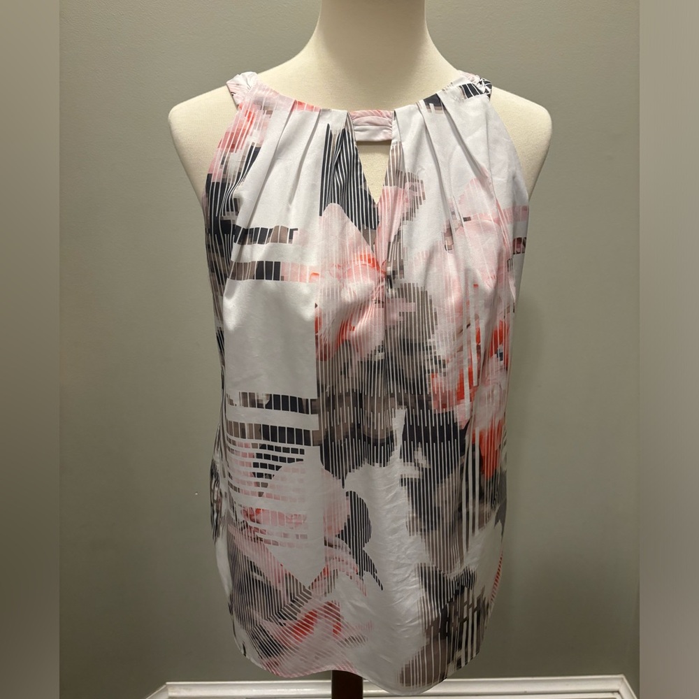 White House Black Market Abstract Print Blouse in Black, Pink, and White